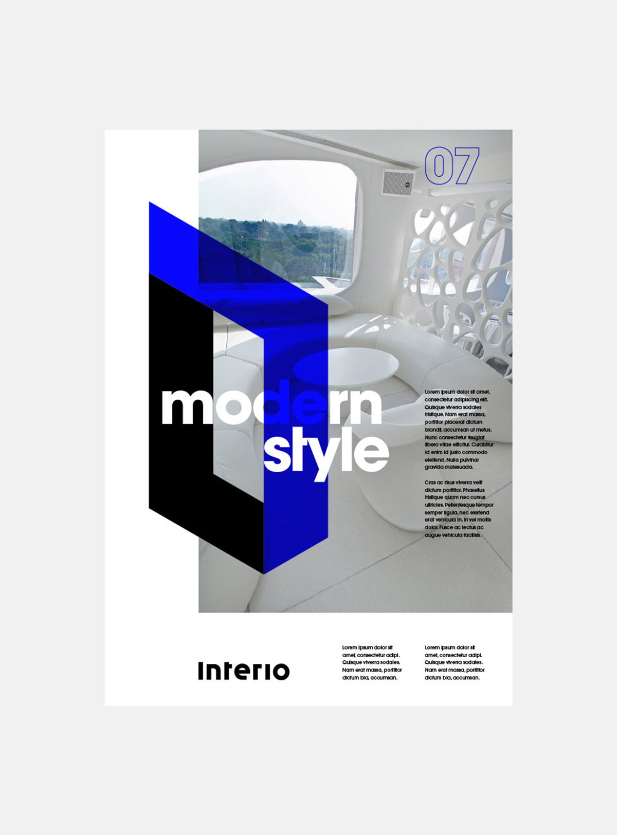 Interio. Brochure layout mock-up. Bespoke typographic identity design by Superfried.