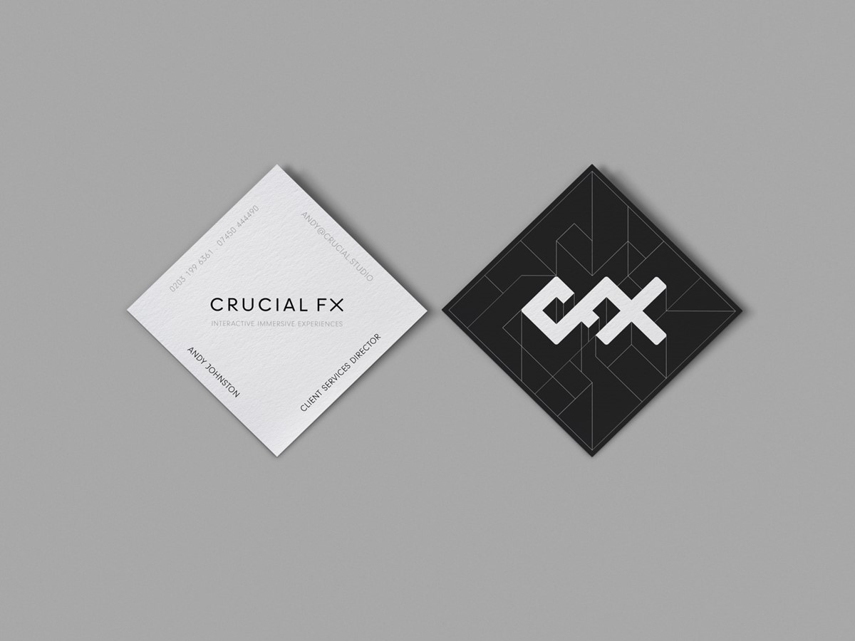 Crucial FX. Square business card mock-up by design studio Superfried. Manchester.