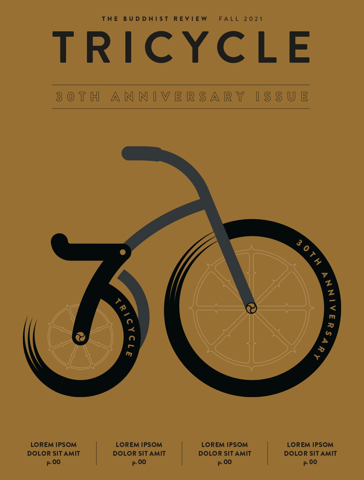 Tricycle magazine. 30th anniversary. Typographic trike design on gold by Superfried.