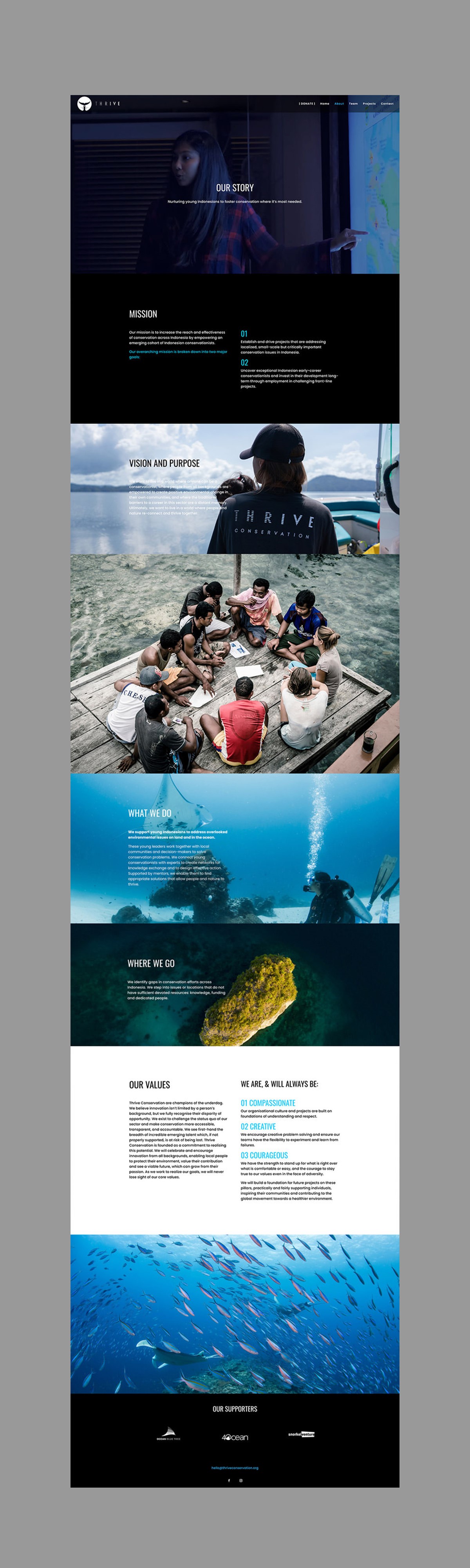Thrive Conservation. Website. About page. Website design by Superfried.