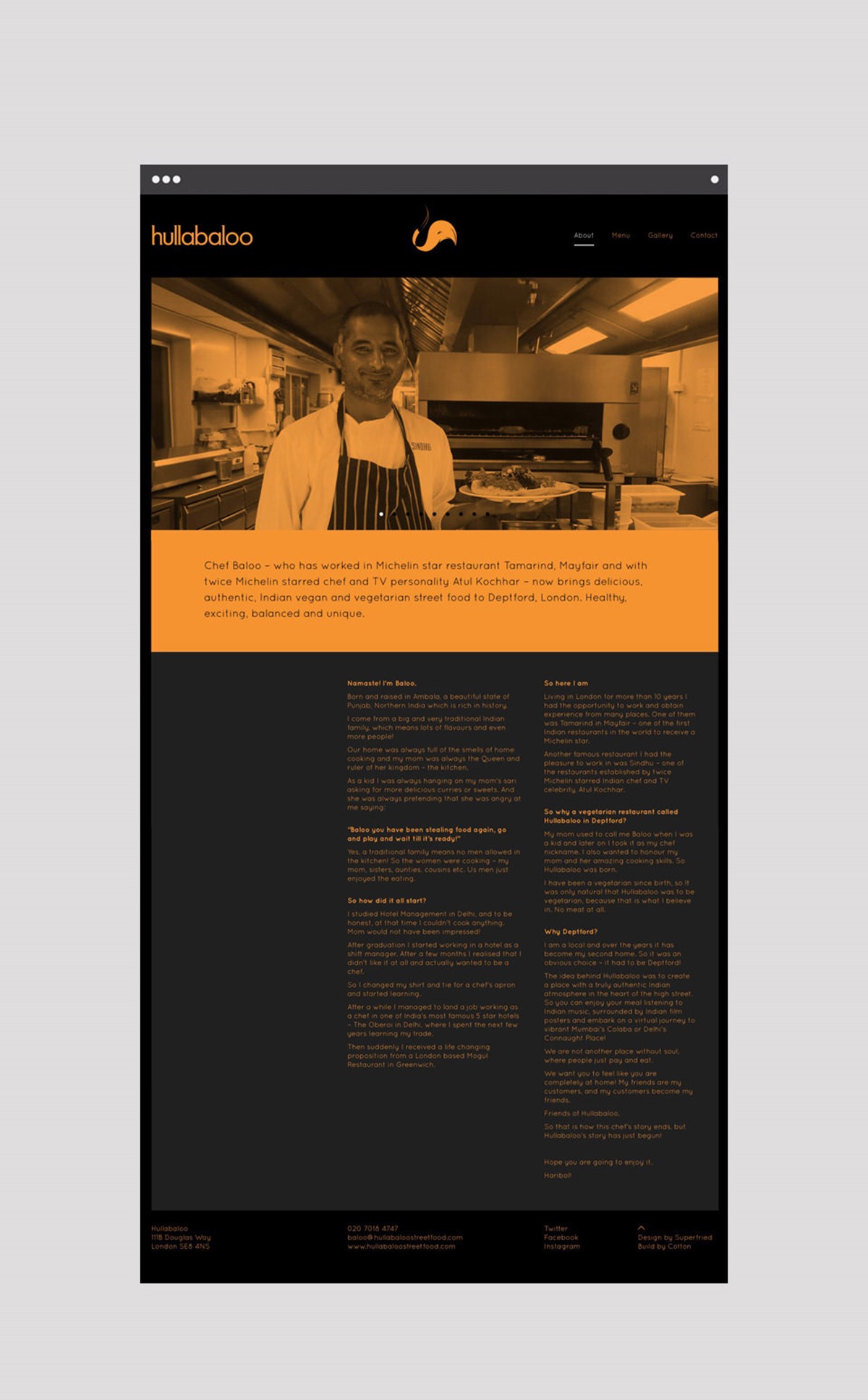 Hullabaloo. About page. Website design by Superfried. Developed by Cotton.