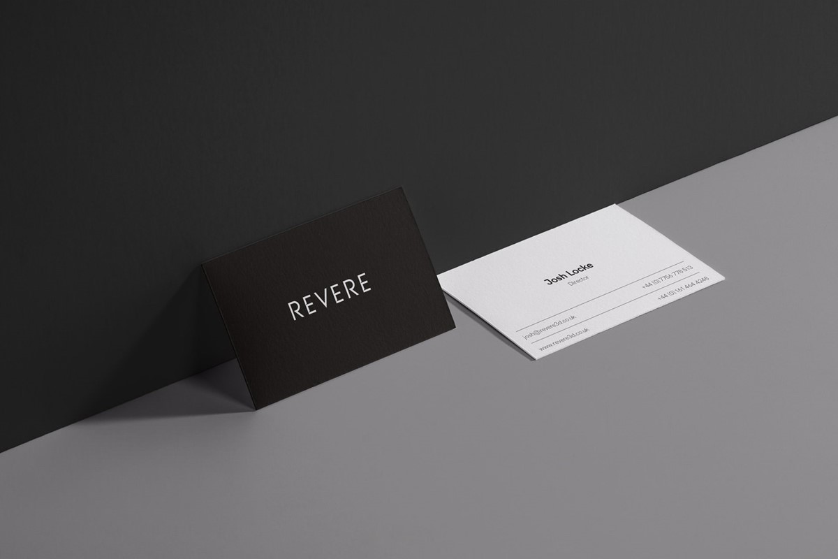 Revere. Business cards mock-up. Brand identity design by Superfried. Manchester.