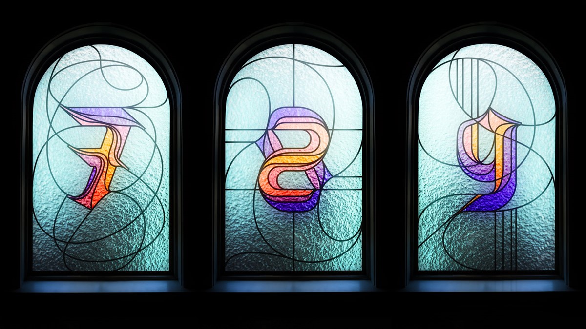 BLK LTR type experiment re-visited. Stain glass windows. Numerals by design studio Superfried, Manchester.