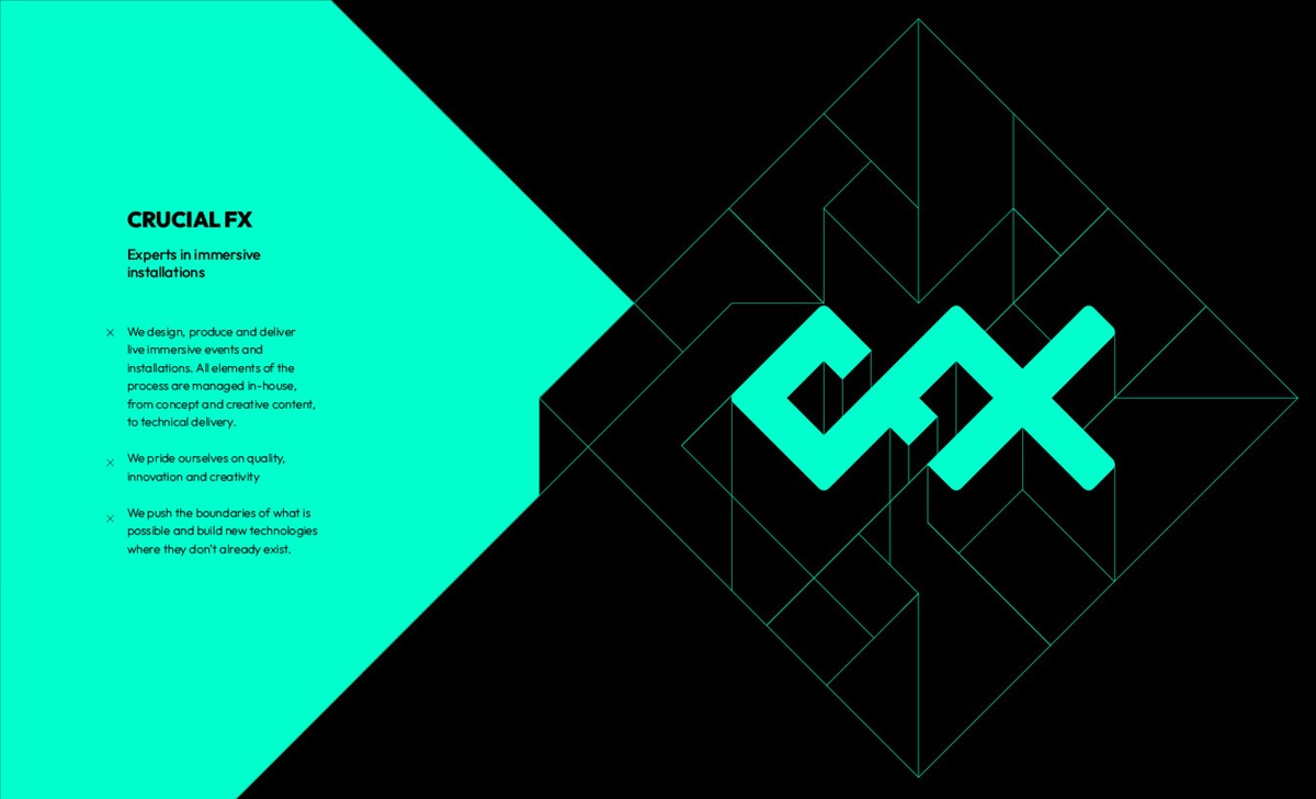 Crucial FX. Intro presentation slide by design studio Superfried. Manchester.