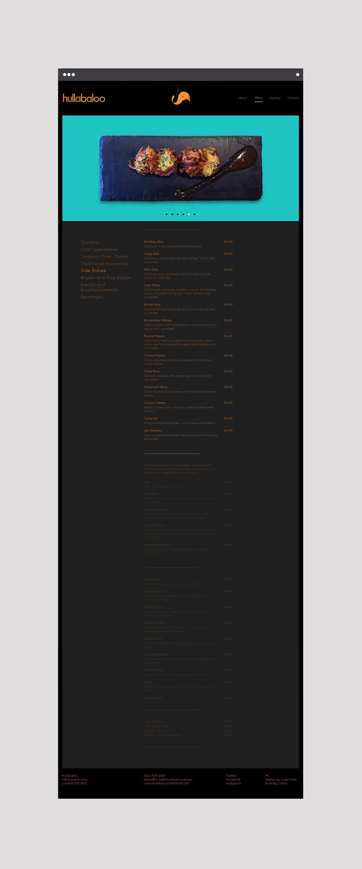 Hullabaloo. Menu page. Website design by Superfried. Developed by Cotton.