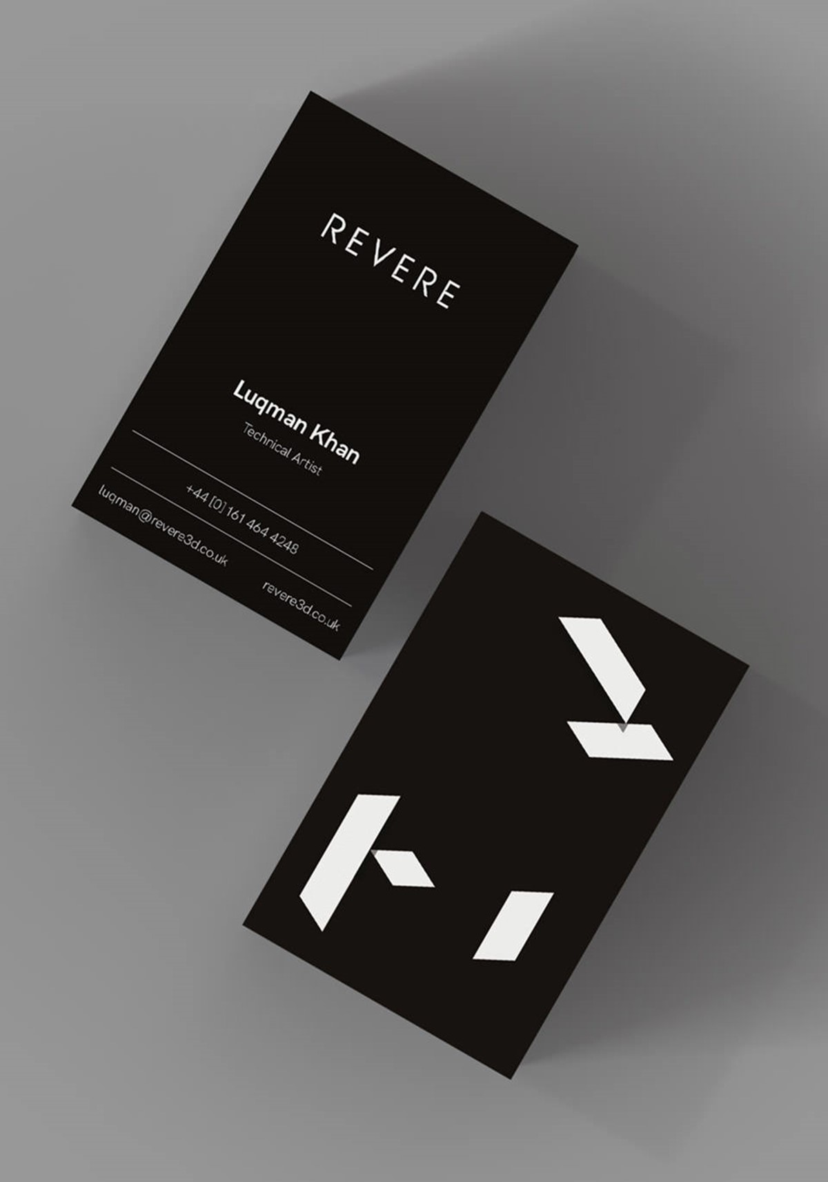 Revere. Geometric shards business cards mock-up. Brand identity design by Superfried. Manchester.
