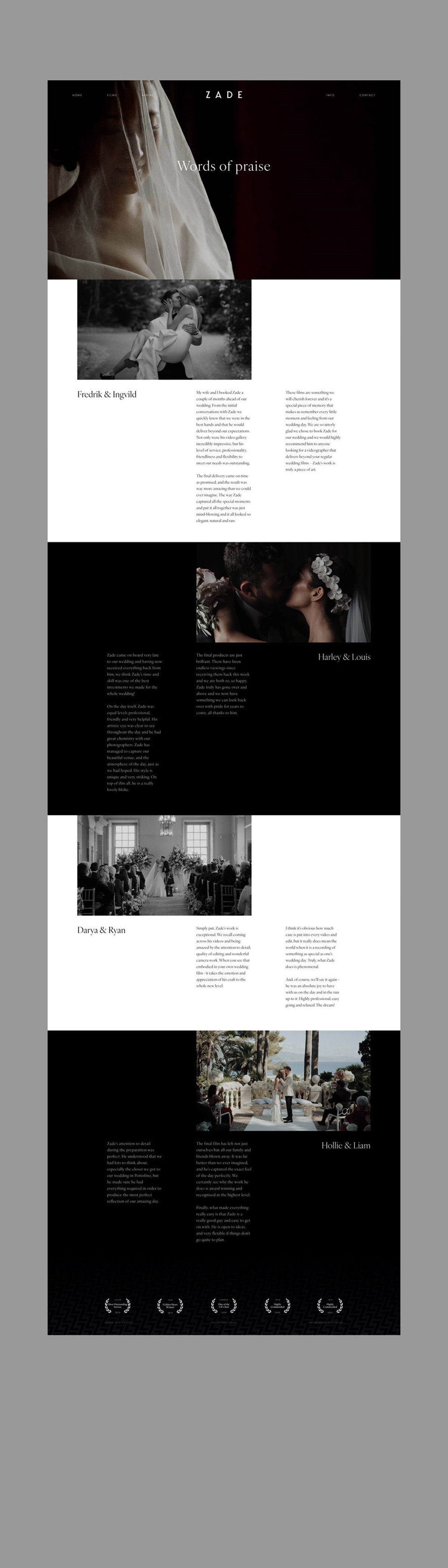 Zade Film Co. Testimonials page. Web design + strategy by Superfried design studio, Manchester.