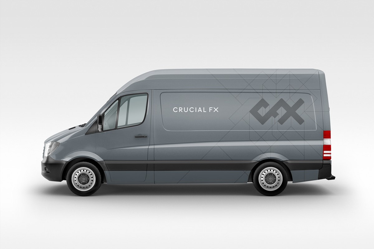 Crucial FX. Van brand graphics side mock-up by design studio Superfried. Manchester.