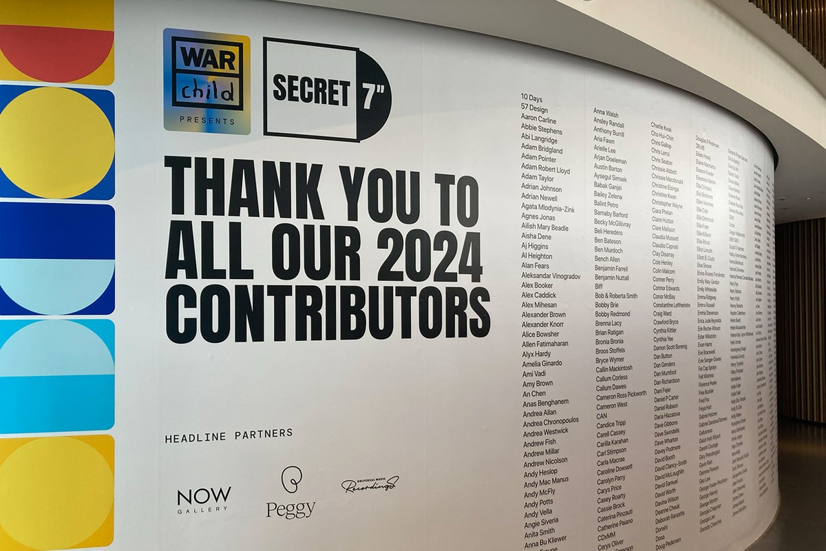 Secret 7" 2024. contributors list at the Now Gallery, Greenwich Peninsula, London.