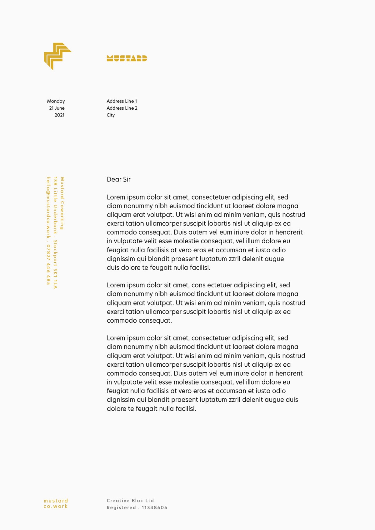 Mustard Coworking. Letterhead mock-up. Brand identity design by Superfried. Manchester.