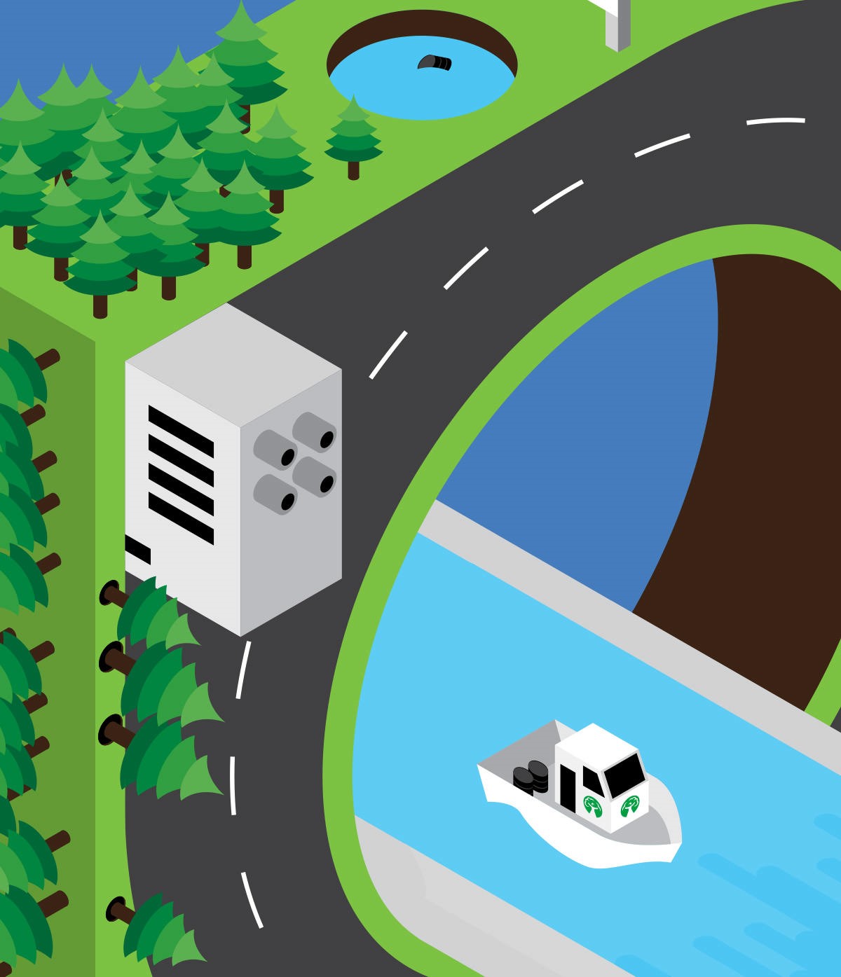 Dsposal. Isometric illustration. Close up detail of the Environment Agency boat. Created by Superfried.