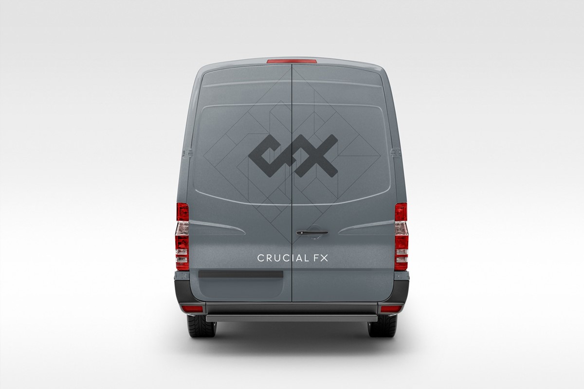 Crucial FX. Van brand graphics back mock-up by design studio Superfried. Manchester.