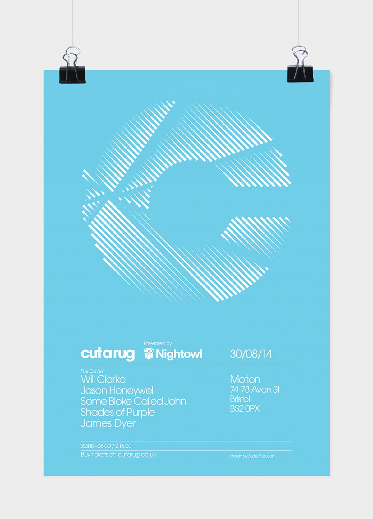 Cut a Rug. Geometric shard style C logo club night poster. Design by Superfried. Manchester.