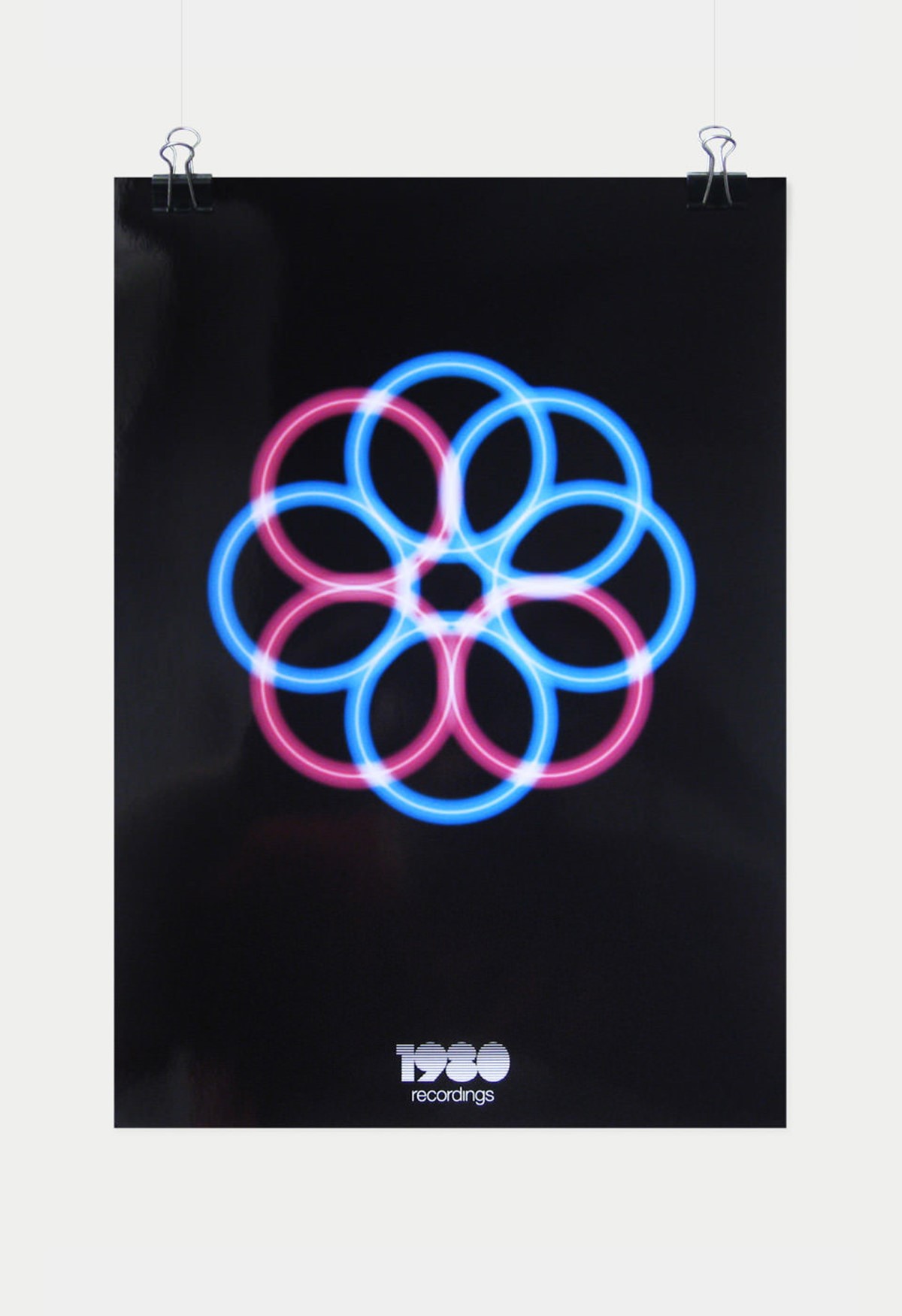 1980 Recordings. Interlocked neon rings logo poster. Brand identity design by Superfried.