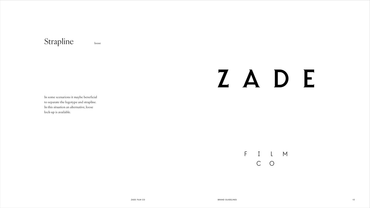 Zade Film Co. Logotype & strap lock-up v2 guidelines by Superfried design studio, Manchester.
