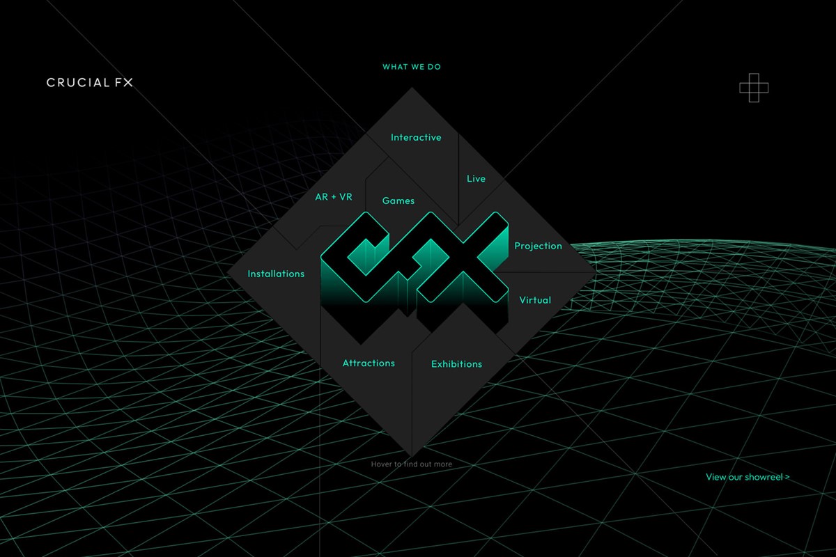 Crucial FX. Web screen grab. Branding by design studio Superfried. Manchester.