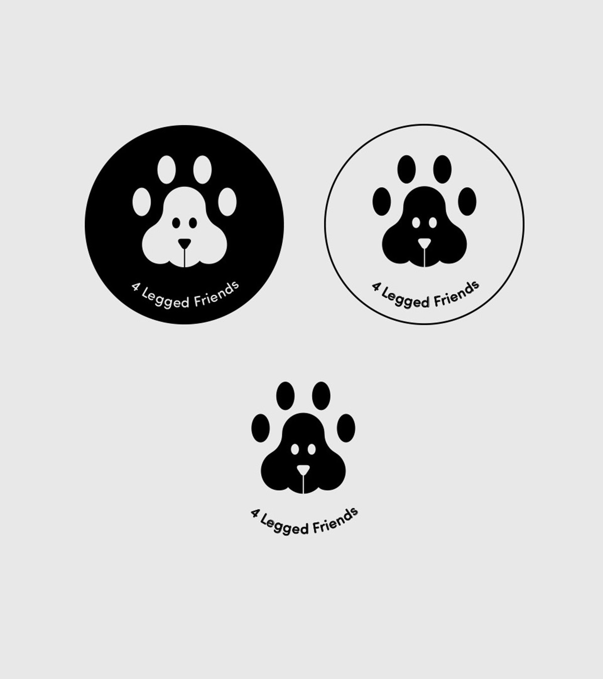 4 Legged Friends identity logo variations in black. Identity design by Superfried.