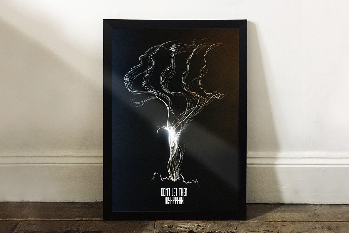 Framed foil, ape illustration poster for the Don't Let Them Disappear campaign. Client: Jane Goodall Institute and DiCaprio Foundation.