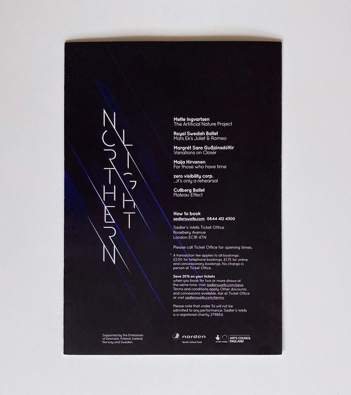 Sadler's Wells. Northern Light marketing flyer - back. Design & bespoke typography by Superfried. 