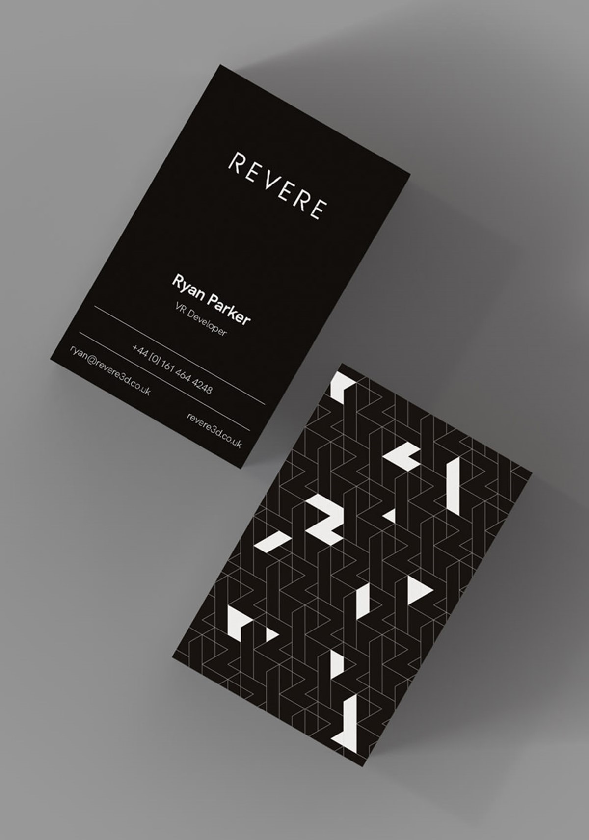 Revere. Geometric pattern business cards mock-up. Brand identity design by Superfried. Manchester.
