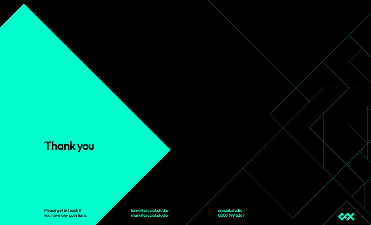 Crucial FX. Thank you slide by design studio Superfried. Manchester.