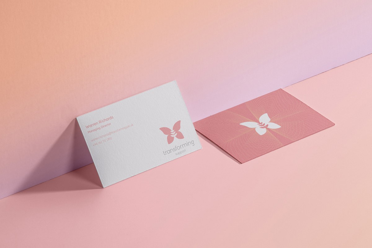 Transforming PLC. Business card mock-up. Brand identity by design studio Superfried. Manchester.