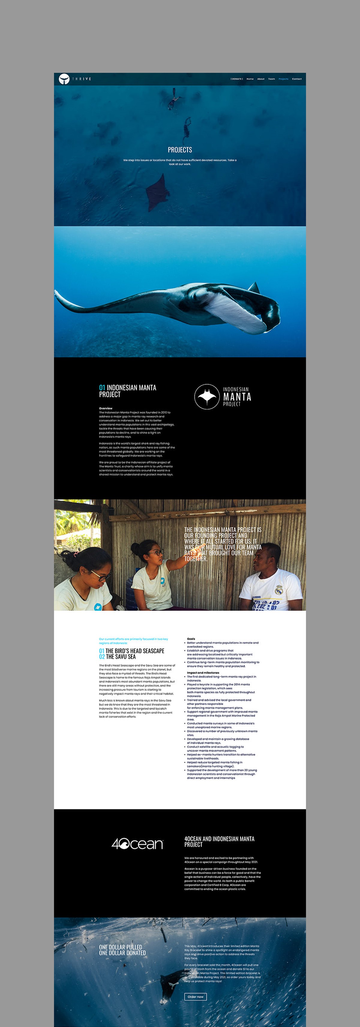 Thrive Conservation. Website. Projects page 1. Website design by Superfried.