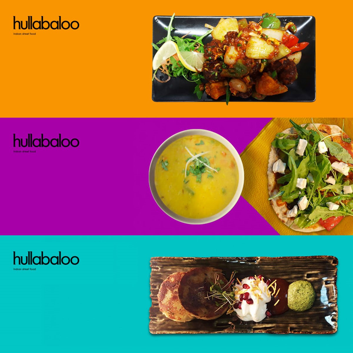 Hullabaloo. Indian Street Food. Social media banners. Brand identity design by Superfried.