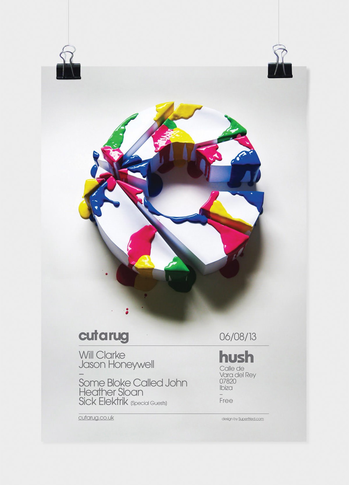 Cut a Rug Ibiza. Paper craft 3D style C logo and dripping paint club night poster. Design by Superfried. Manchester.