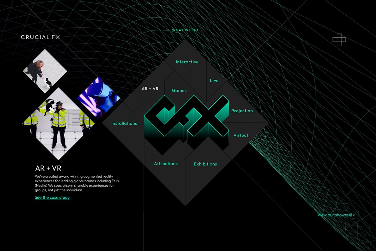 Crucial FX. Website screen grab. Branding by design studio Superfried. Manchester.