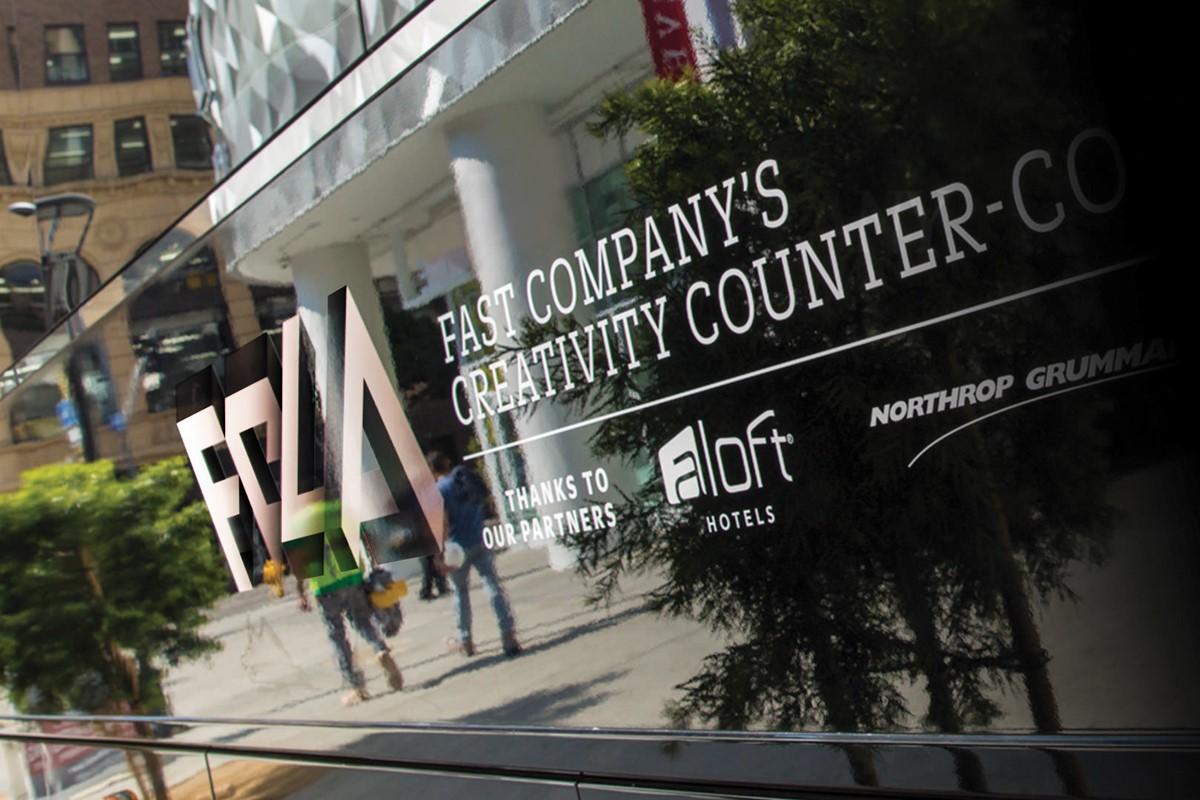Fast Company FCLA conference and sponsor signage. Brand identity design by Superfried.