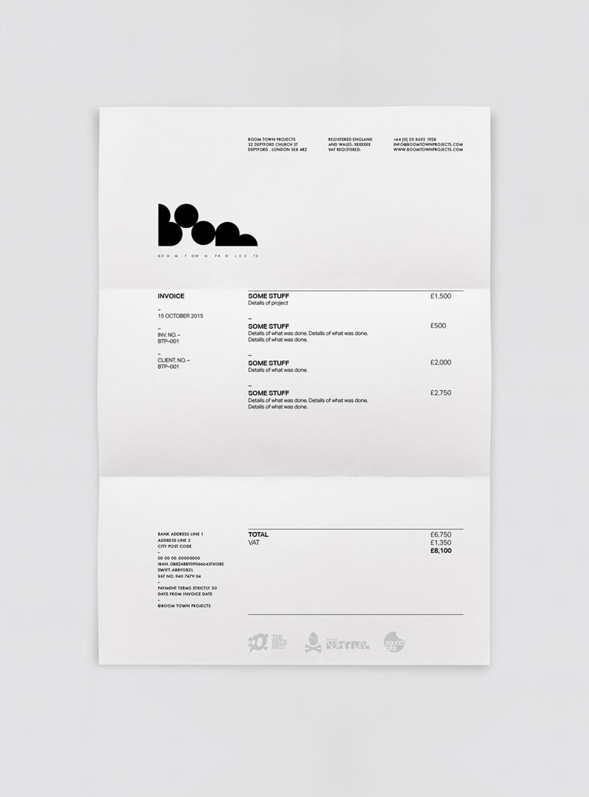 Boom Town Projects. Invoice mock up. Brand identity design by Superfried.