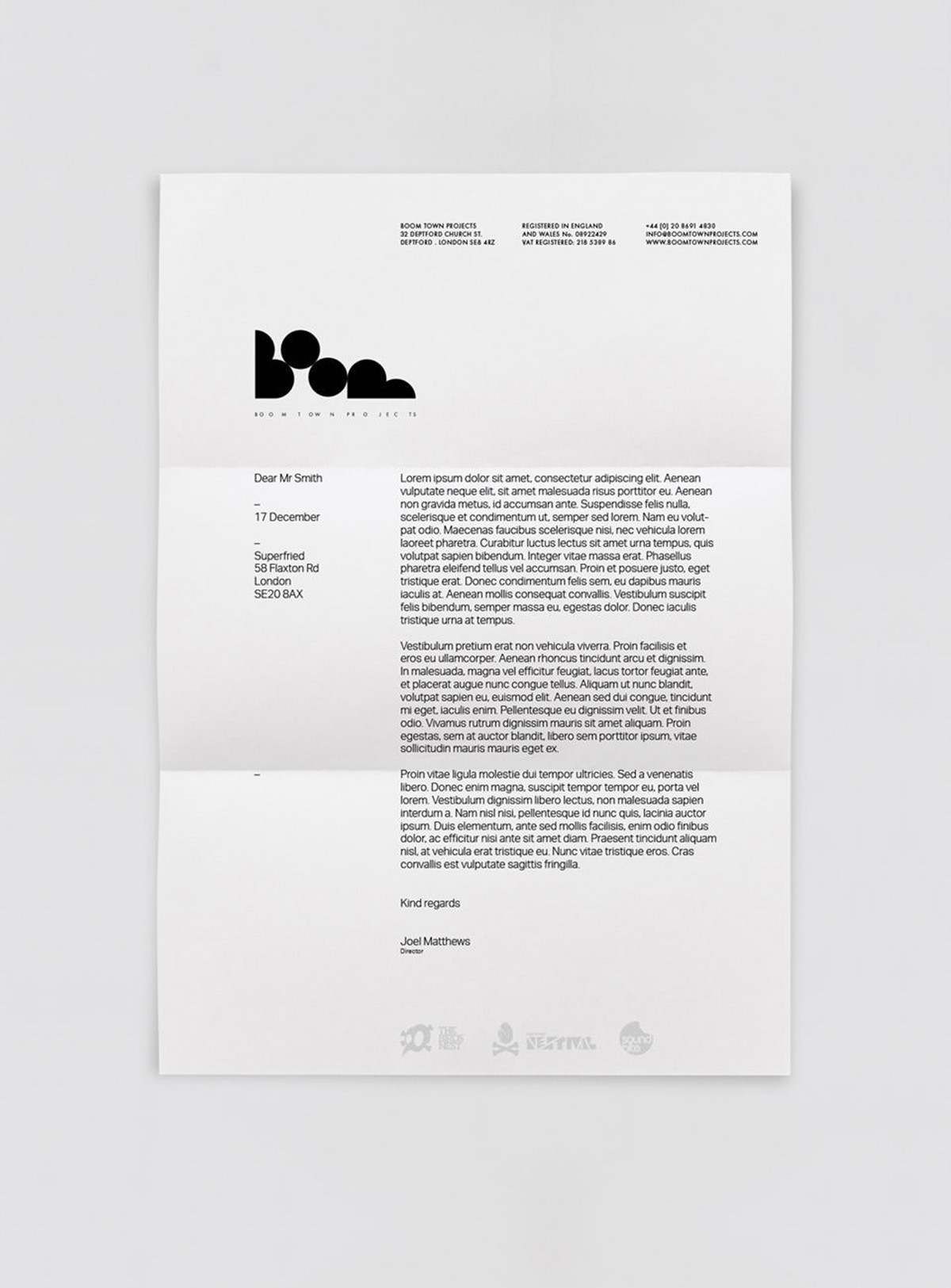 Boom Town Projects. Letterhead cards mock up. Brand identity design by Superfried.