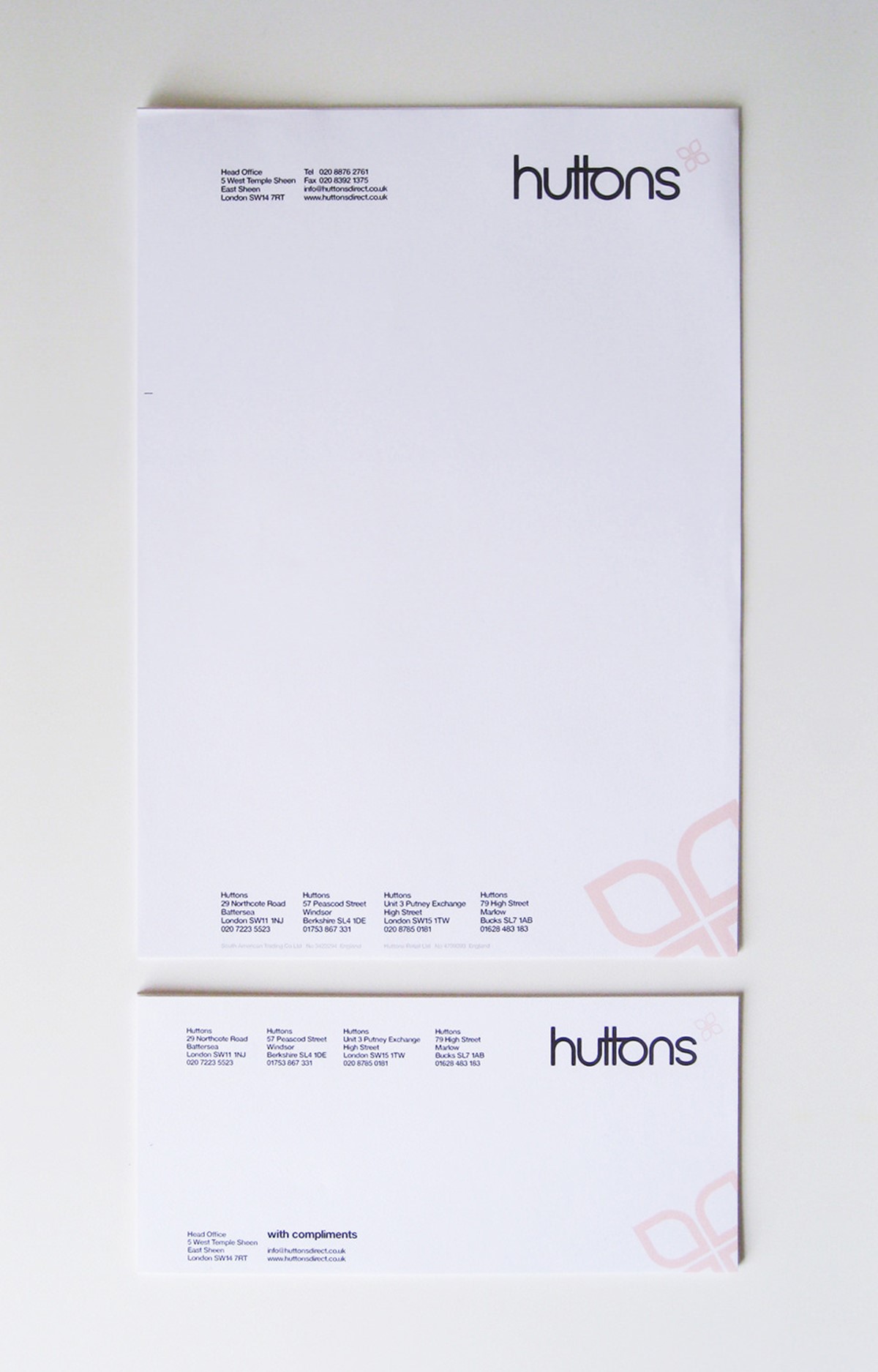 Huttons. Retail brand identity – letterhead + comp slip. Brand identity design by Superfried.