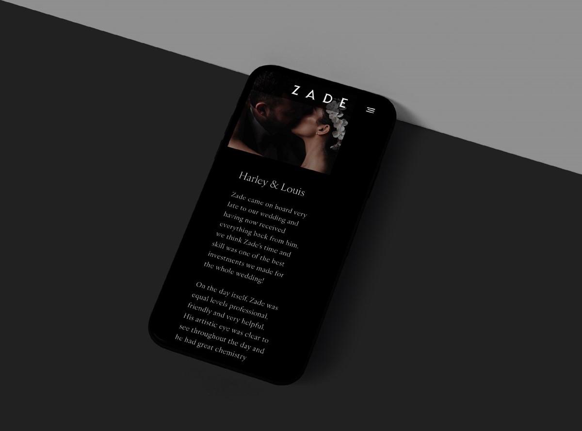 Zade Film Co. Mobile mock-up. Web design + strategy by Superfried design studio, Manchester.
