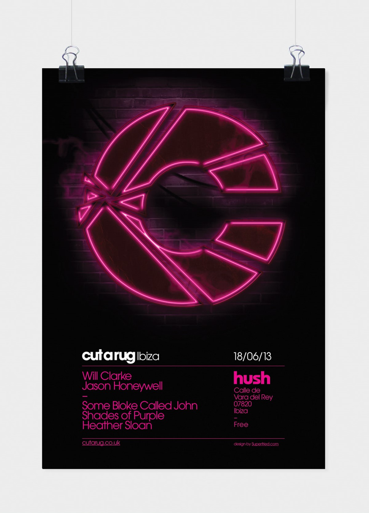 Cut a Rug. Neon style C logo Ibiza club night poster. Design by Superfried. Manchester.