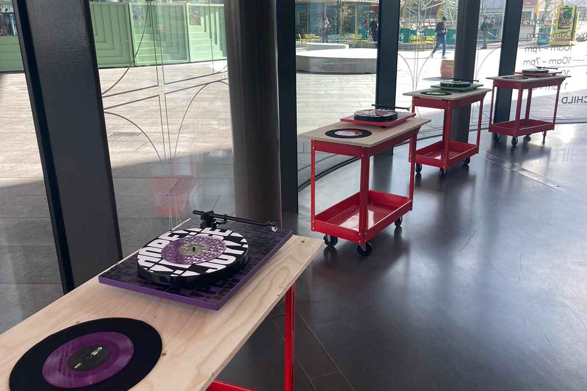 Secret 7" 2024. Record decks designed by Anthony Burrill at the Now Gallery, Greenwich Peninsula, London.