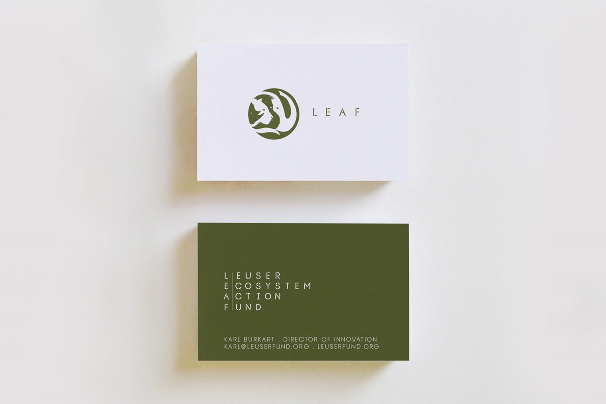 Leuser Ecosystem Action Fund [LEAF] business card mock-up. Client: DiCaprio foundation + Sumatran Orangutan Society [SOS].