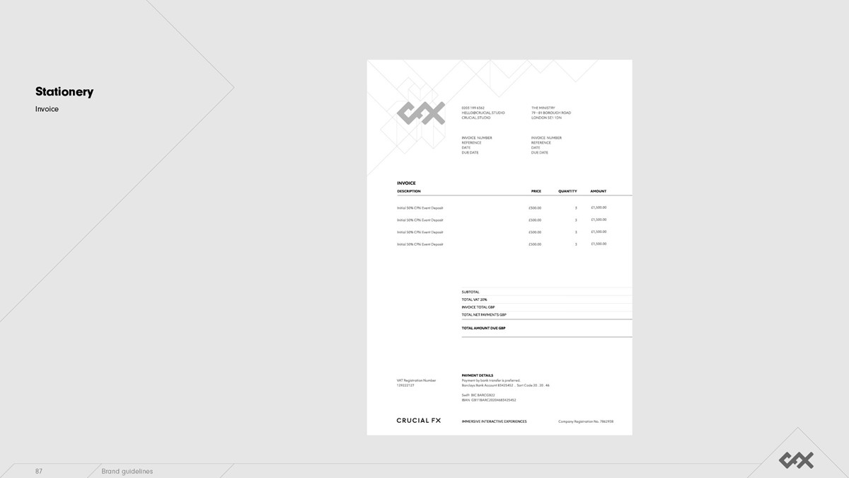 Crucial FX. Invoice by design studio Superfried. Manchester.