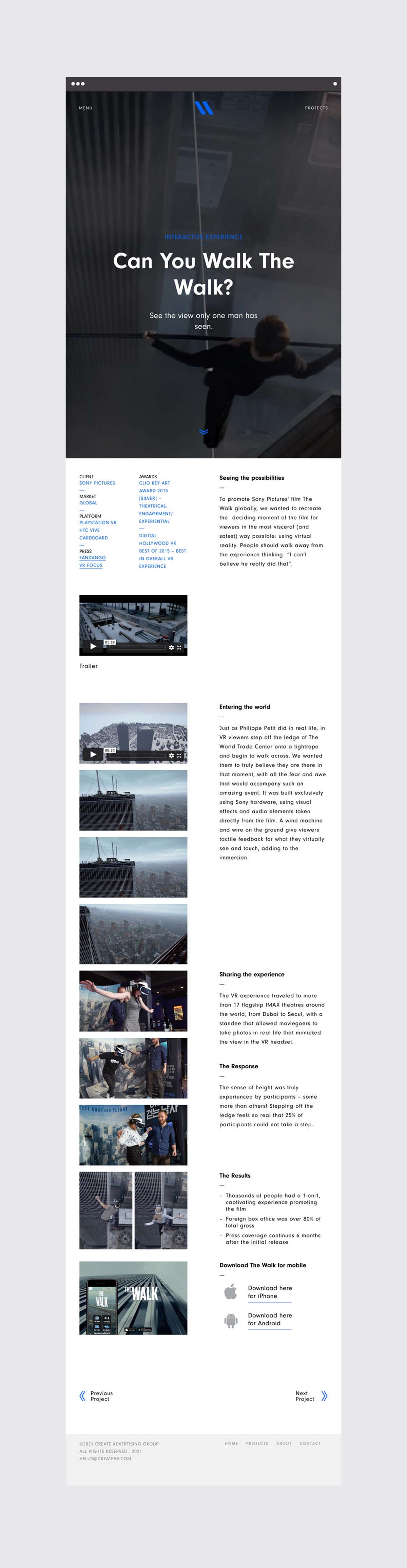 Create VR. Website. The Walk case study page. Design by Superfried. Developed by Cotton.