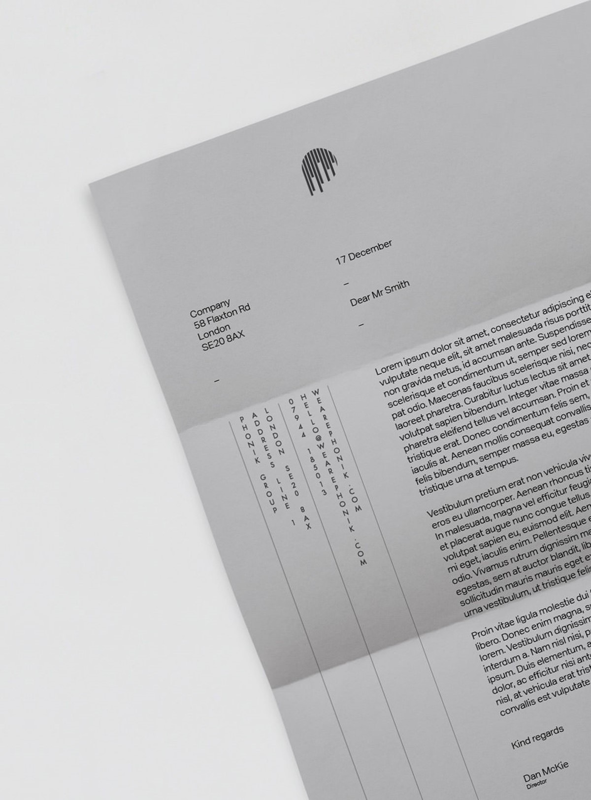 Phonik. Letterhead mock-up cropped. Brand identity design by Superfried. Manchester.