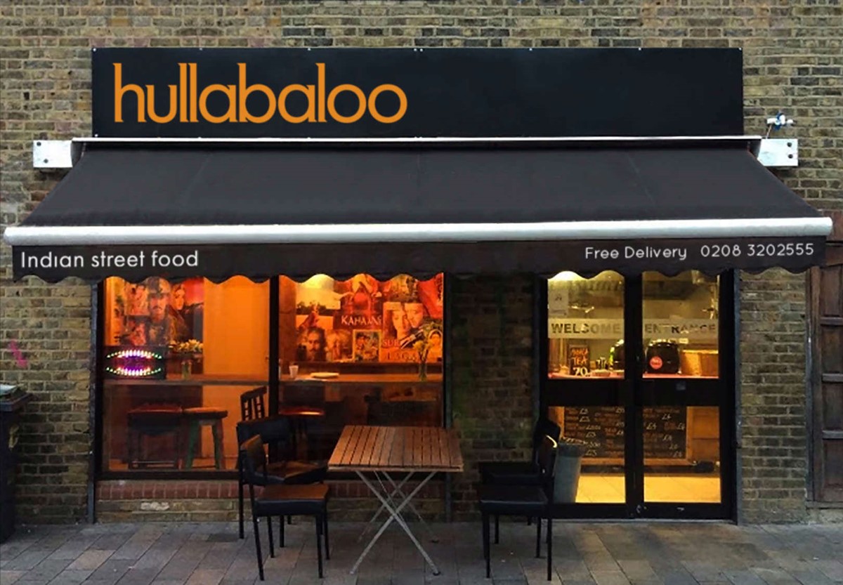 Hullabaloo Deptford. Indian Street Food. Restaurant signage, London. Branding by design studio Superfried.
