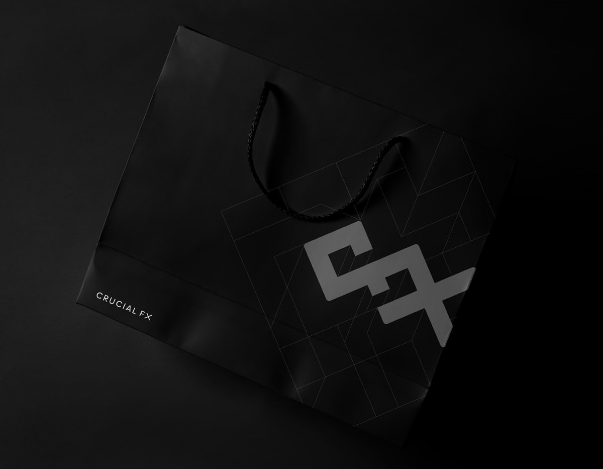 Crucial FX. Paper bag branded mock-up by design studio Superfried. Manchester.