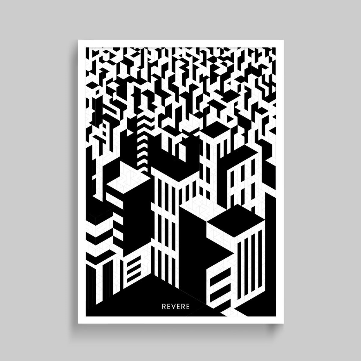 Revere. Pattern cityscape poster mock-up. Brand identity design by Superfried. Manchester.