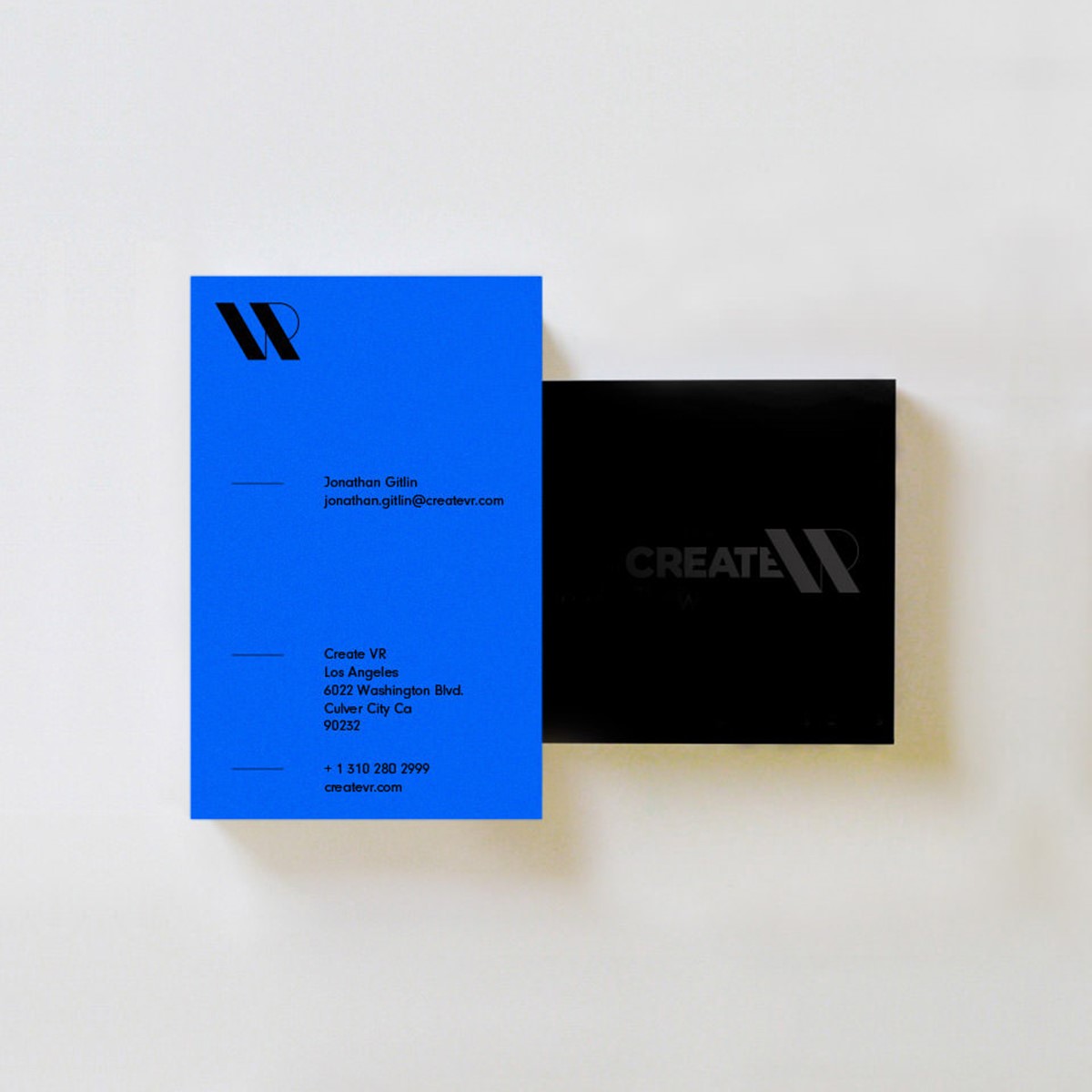 Create VR. Brand identity business cards mock-up. Designed by Superfried.