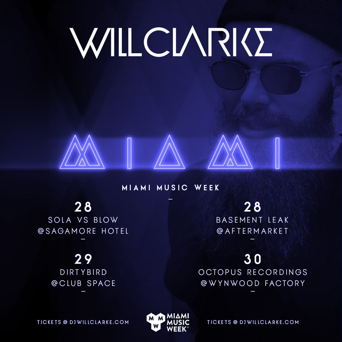 Will Clarke. Miami Music Week. Digital promo flyer. Brand identity design by Superfried.