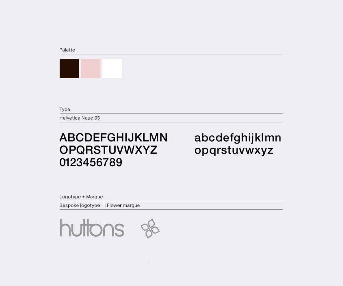 Huttons. Retail brand identity styles – palette + typefaces. Brand identity design by Superfried.