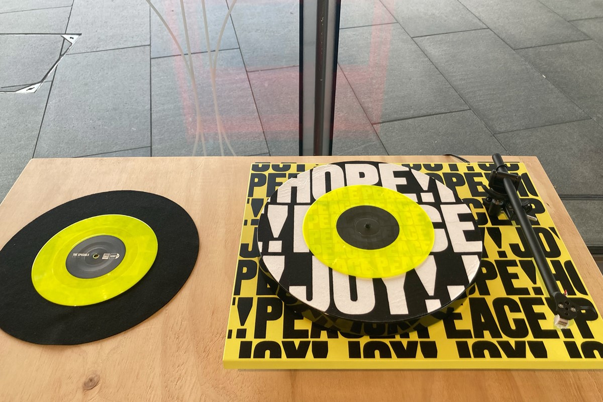 Secret 7" 2024. Record deck by Anthony Burrill at the Now Gallery, Greenwich Peninsula, London.