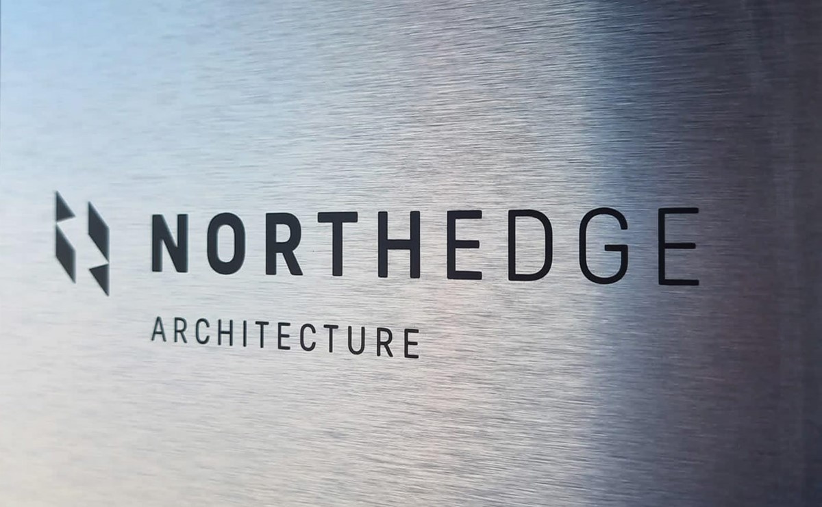 Northedge Architecture. Chrome signage. Branding by design studio Superfried. Manchester.