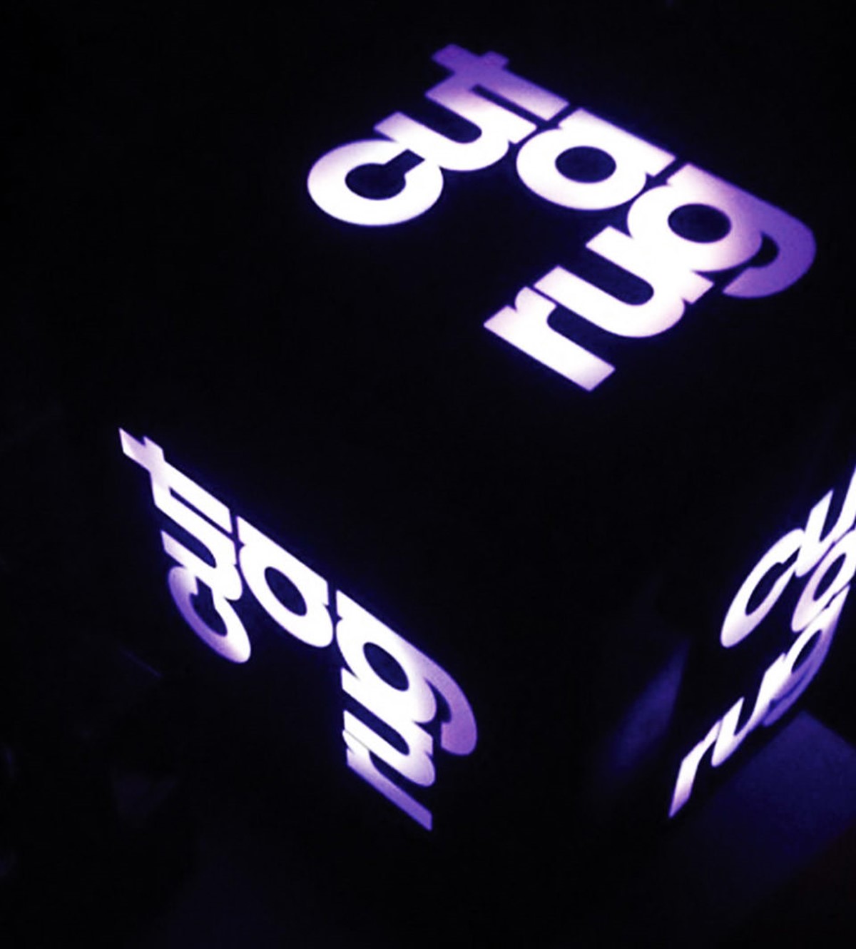 Cut a Rug bespoke logo cube light box. Brand identity design by Superfried. Manchester.